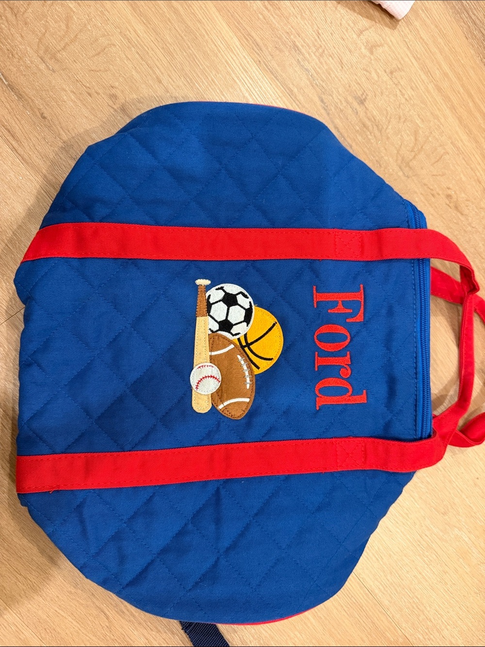 Personalized Blue Kids Sports Backpack Tote with Red Straps
